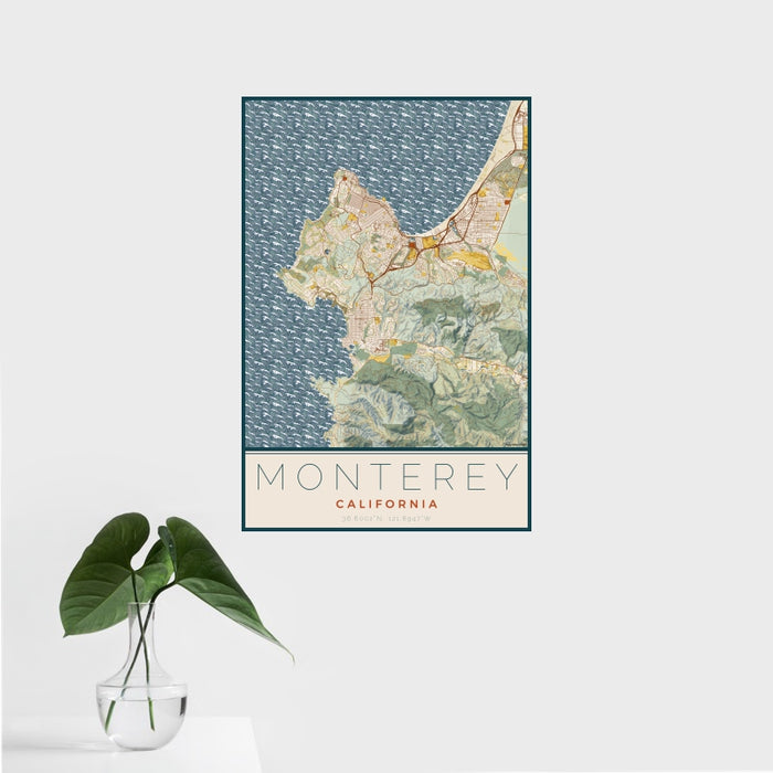 16x24 Monterey California Map Print Portrait Orientation in Woodblock Style With Tropical Plant Leaves in Water