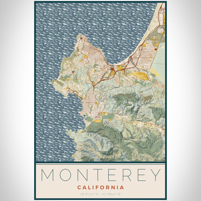 Monterey California Map Print Portrait Orientation in Woodblock Style With Shaded Background