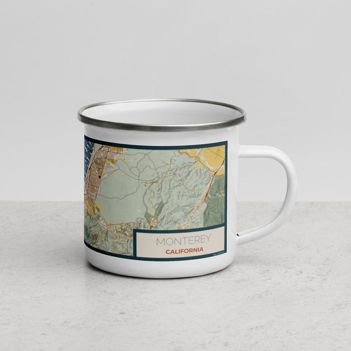 Right View Custom Monterey California Map Enamel Mug in Woodblock