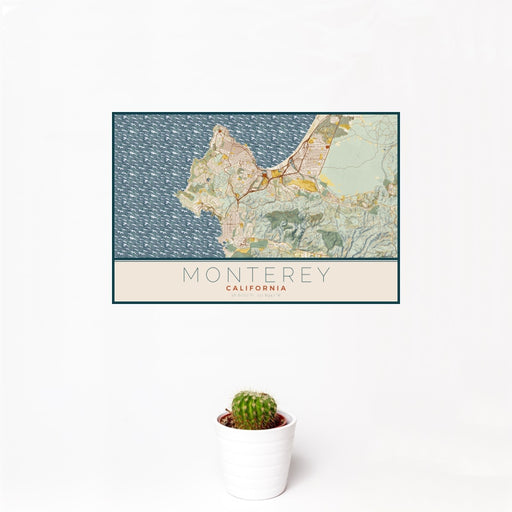 12x18 Monterey California Map Print Landscape Orientation in Woodblock Style With Small Cactus Plant in White Planter
