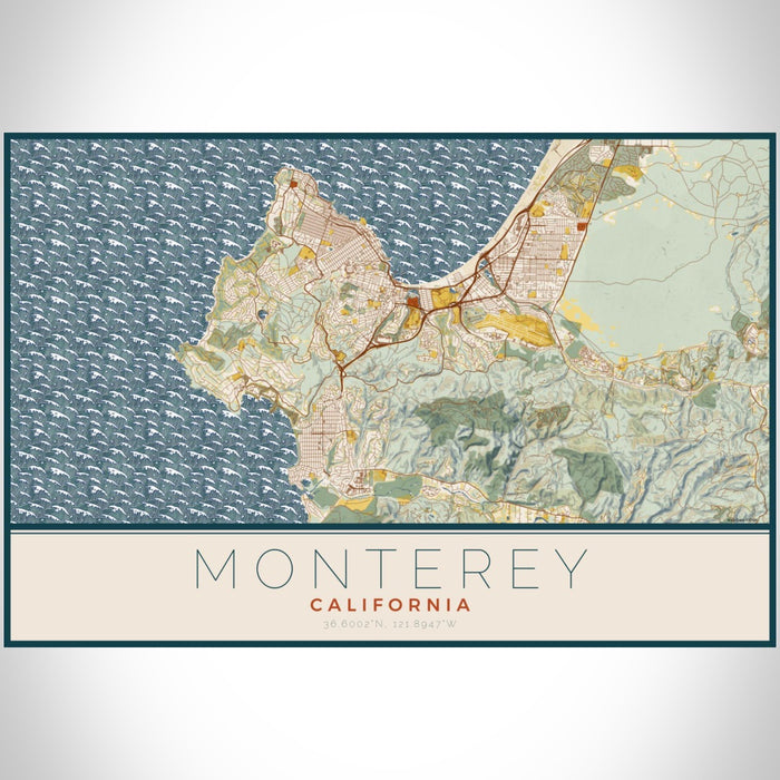 Monterey California Map Print Landscape Orientation in Woodblock Style With Shaded Background