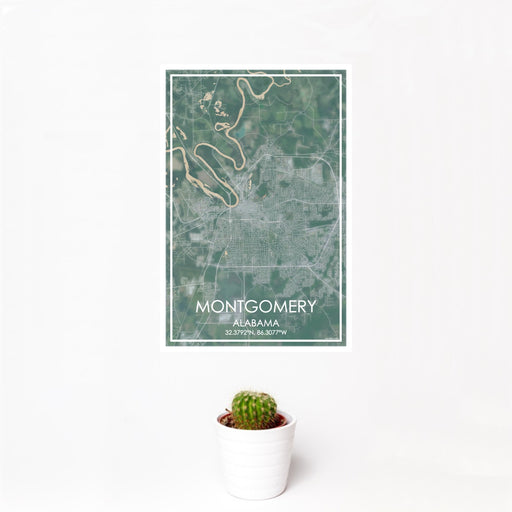 12x18 Montgomery Alabama Map Print Portrait Orientation in Afternoon Style With Small Cactus Plant in White Planter