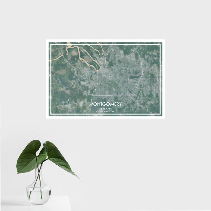 16x24 Montgomery Alabama Map Print Landscape Orientation in Afternoon Style With Tropical Plant Leaves in Water