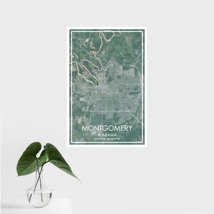 16x24 Montgomery Alabama Map Print Portrait Orientation in Afternoon Style With Tropical Plant Leaves in Water