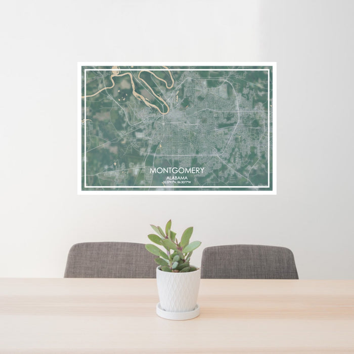 24x36 Montgomery Alabama Map Print Lanscape Orientation in Afternoon Style Behind 2 Chairs Table and Potted Plant