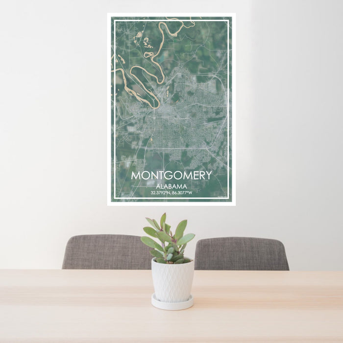 24x36 Montgomery Alabama Map Print Portrait Orientation in Afternoon Style Behind 2 Chairs Table and Potted Plant