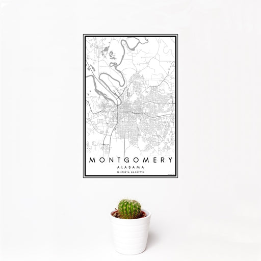 12x18 Montgomery Alabama Map Print Portrait Orientation in Classic Style With Small Cactus Plant in White Planter