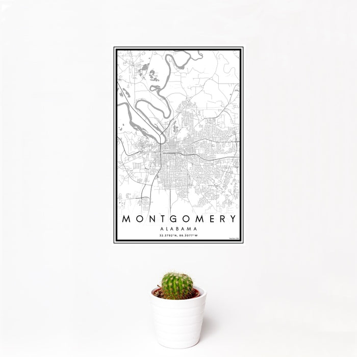 12x18 Montgomery Alabama Map Print Portrait Orientation in Classic Style With Small Cactus Plant in White Planter