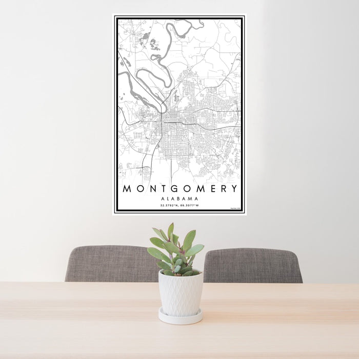 24x36 Montgomery Alabama Map Print Portrait Orientation in Classic Style Behind 2 Chairs Table and Potted Plant