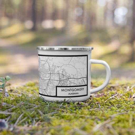 Right View Custom Montgomery Alabama Map Enamel Mug in Classic on Grass With Trees in Background