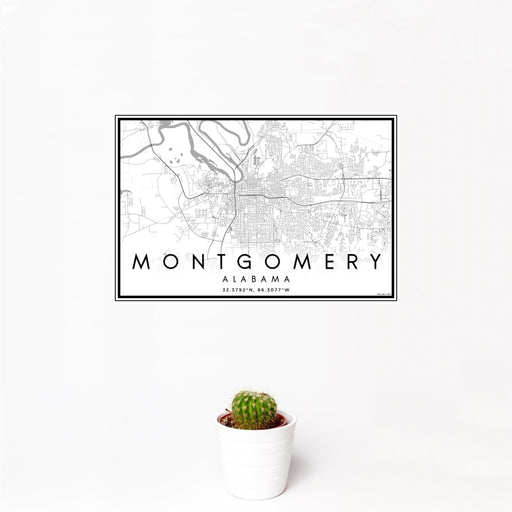 12x18 Montgomery Alabama Map Print Landscape Orientation in Classic Style With Small Cactus Plant in White Planter