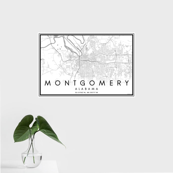 16x24 Montgomery Alabama Map Print Landscape Orientation in Classic Style With Tropical Plant Leaves in Water