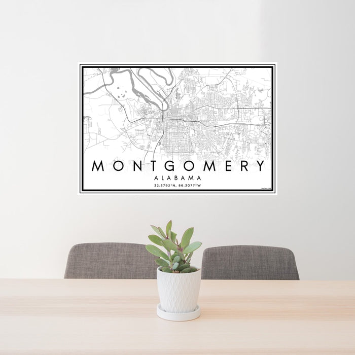 24x36 Montgomery Alabama Map Print Landscape Orientation in Classic Style Behind 2 Chairs Table and Potted Plant
