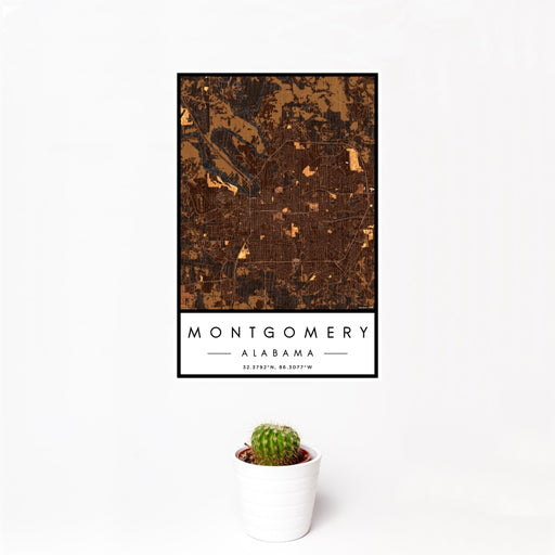 12x18 Montgomery Alabama Map Print Portrait Orientation in Ember Style With Small Cactus Plant in White Planter