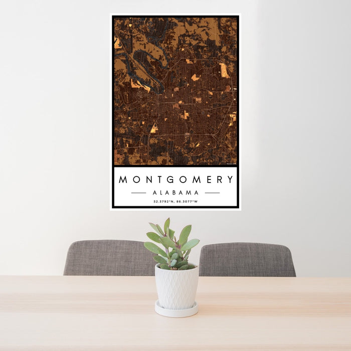 24x36 Montgomery Alabama Map Print Portrait Orientation in Ember Style Behind 2 Chairs Table and Potted Plant