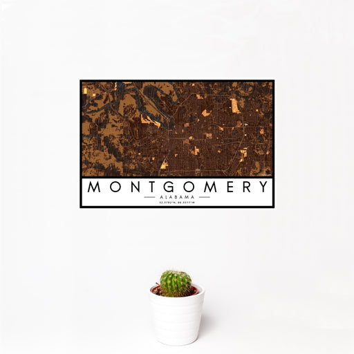 12x18 Montgomery Alabama Map Print Landscape Orientation in Ember Style With Small Cactus Plant in White Planter