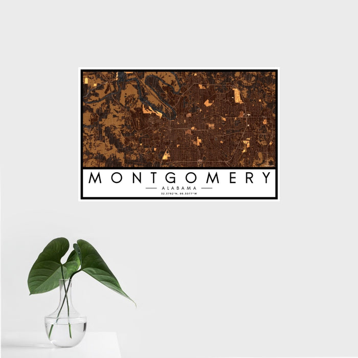 16x24 Montgomery Alabama Map Print Landscape Orientation in Ember Style With Tropical Plant Leaves in Water