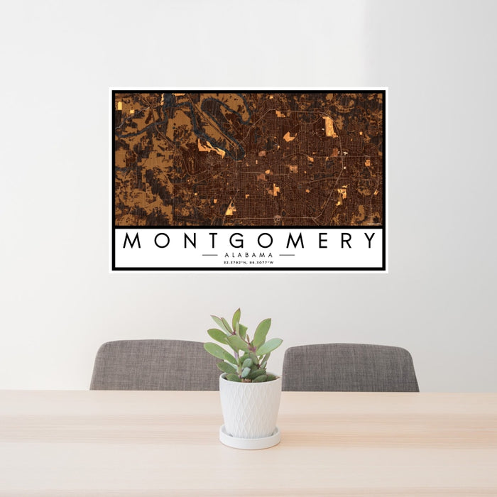 24x36 Montgomery Alabama Map Print Landscape Orientation in Ember Style Behind 2 Chairs Table and Potted Plant