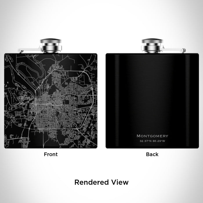 Rendered View of Montgomery Alabama Map Engraving on 6oz Stainless Steel Flask in Black