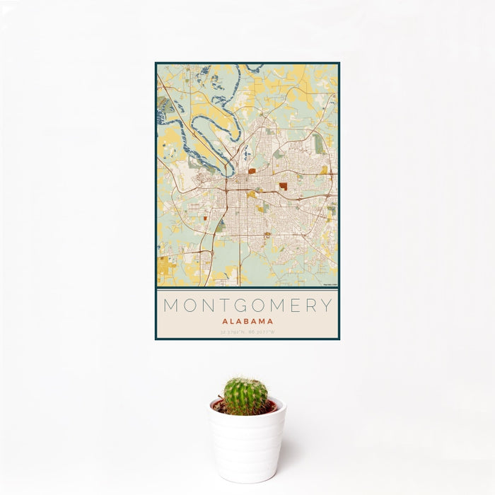12x18 Montgomery Alabama Map Print Portrait Orientation in Woodblock Style With Small Cactus Plant in White Planter