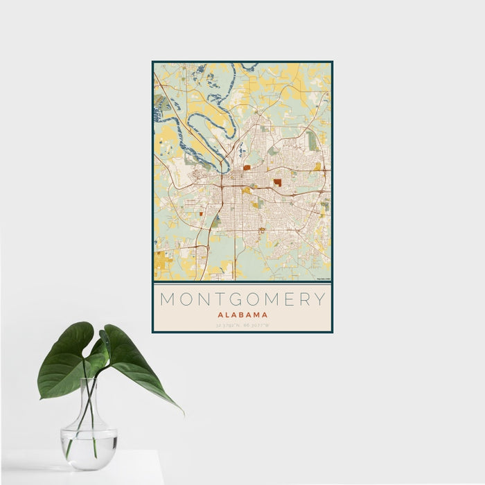 16x24 Montgomery Alabama Map Print Portrait Orientation in Woodblock Style With Tropical Plant Leaves in Water
