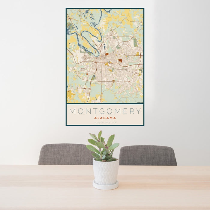 24x36 Montgomery Alabama Map Print Portrait Orientation in Woodblock Style Behind 2 Chairs Table and Potted Plant