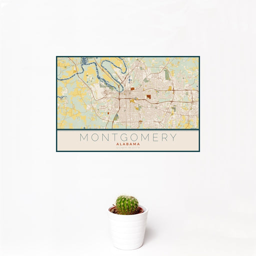 12x18 Montgomery Alabama Map Print Landscape Orientation in Woodblock Style With Small Cactus Plant in White Planter