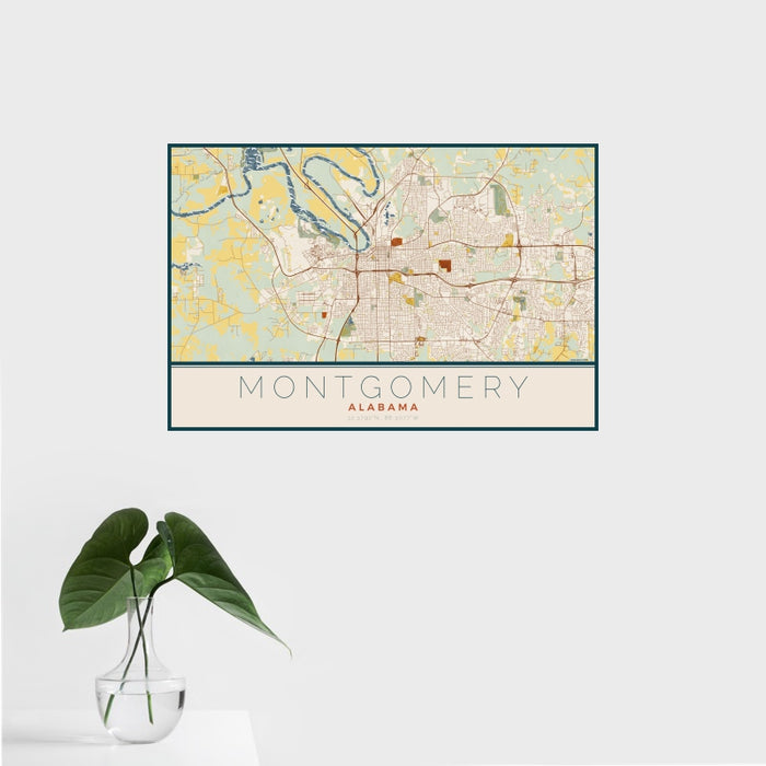 16x24 Montgomery Alabama Map Print Landscape Orientation in Woodblock Style With Tropical Plant Leaves in Water