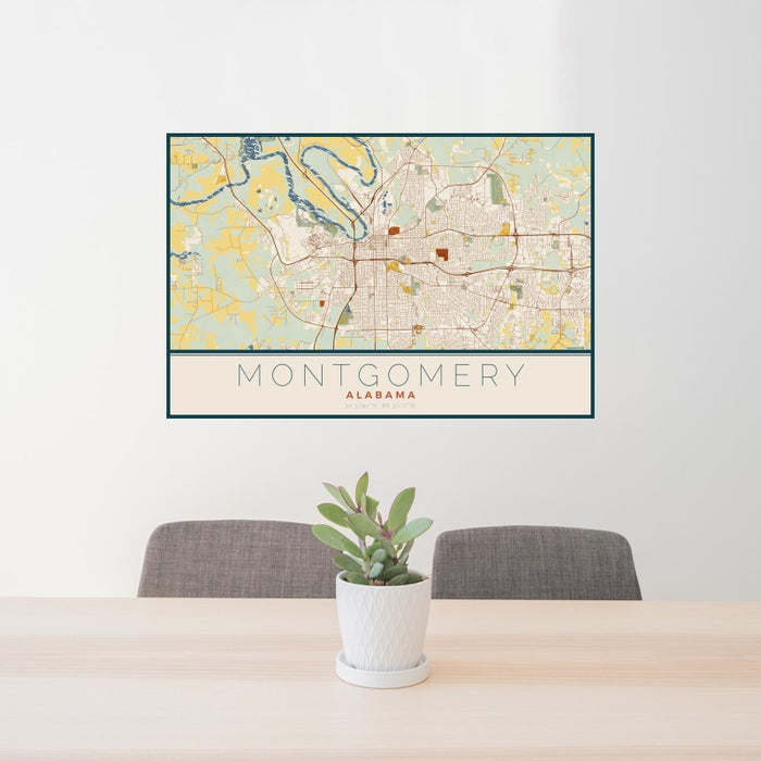 24x36 Montgomery Alabama Map Print Landscape Orientation in Woodblock Style Behind 2 Chairs Table and Potted Plant
