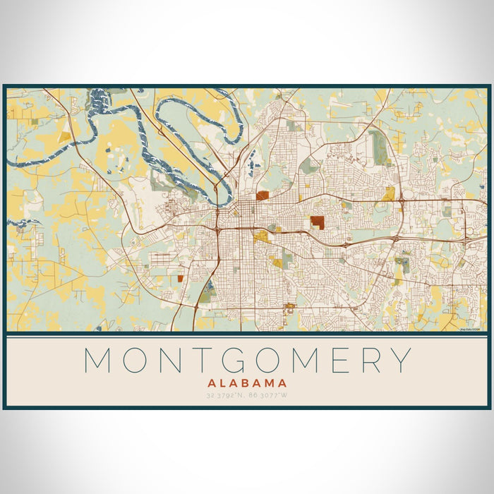 Montgomery Alabama Map Print Landscape Orientation in Woodblock Style With Shaded Background