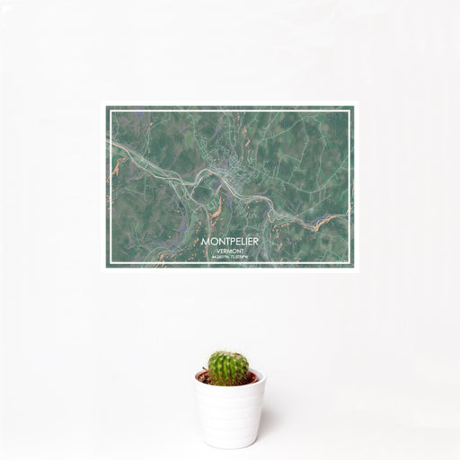 12x18 Montpelier Vermont Map Print Landscape Orientation in Afternoon Style With Small Cactus Plant in White Planter