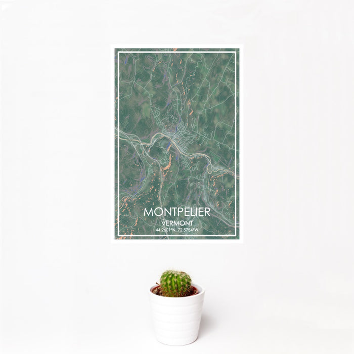 12x18 Montpelier Vermont Map Print Portrait Orientation in Afternoon Style With Small Cactus Plant in White Planter