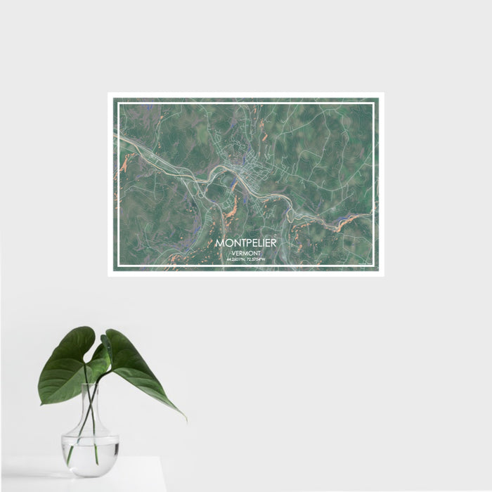 16x24 Montpelier Vermont Map Print Landscape Orientation in Afternoon Style With Tropical Plant Leaves in Water