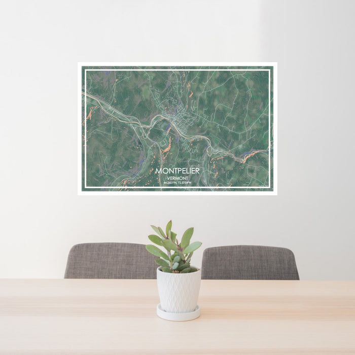 24x36 Montpelier Vermont Map Print Lanscape Orientation in Afternoon Style Behind 2 Chairs Table and Potted Plant