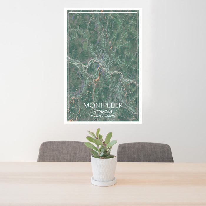 24x36 Montpelier Vermont Map Print Portrait Orientation in Afternoon Style Behind 2 Chairs Table and Potted Plant