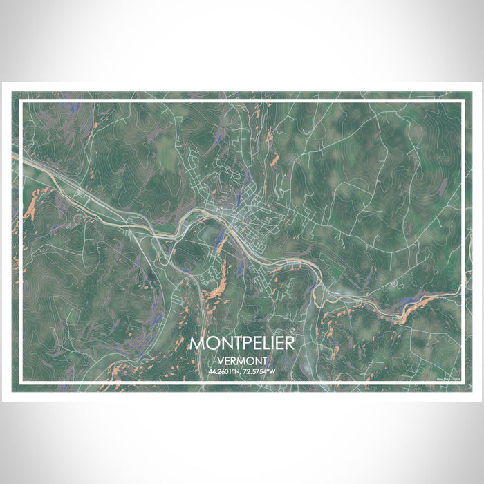 Montpelier Vermont Map Print Landscape Orientation in Afternoon Style With Shaded Background