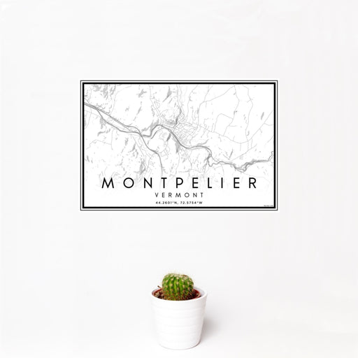 12x18 Montpelier Vermont Map Print Landscape Orientation in Classic Style With Small Cactus Plant in White Planter