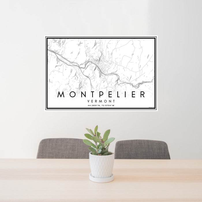24x36 Montpelier Vermont Map Print Landscape Orientation in Classic Style Behind 2 Chairs Table and Potted Plant