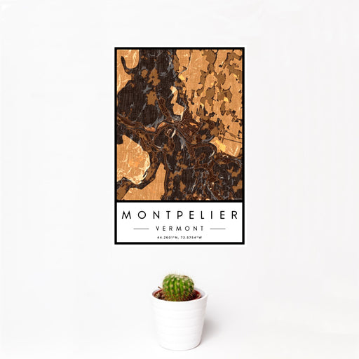 12x18 Montpelier Vermont Map Print Portrait Orientation in Ember Style With Small Cactus Plant in White Planter