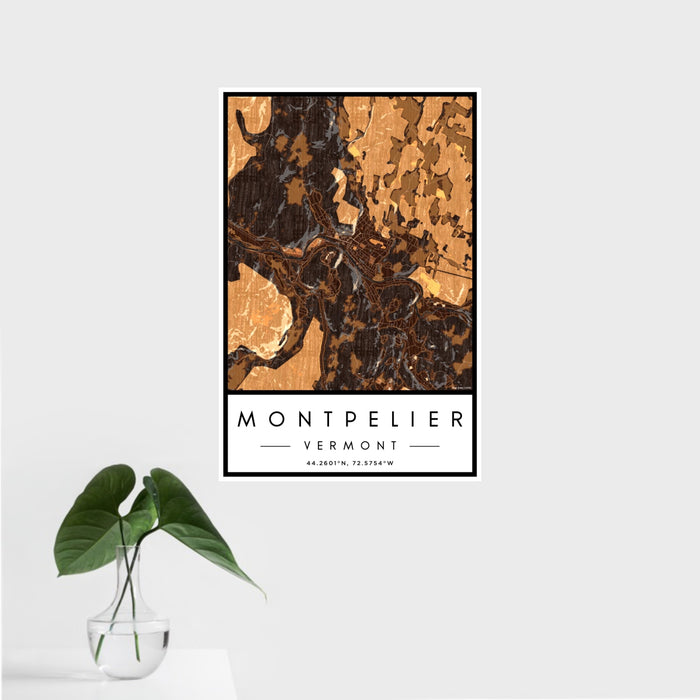 16x24 Montpelier Vermont Map Print Portrait Orientation in Ember Style With Tropical Plant Leaves in Water