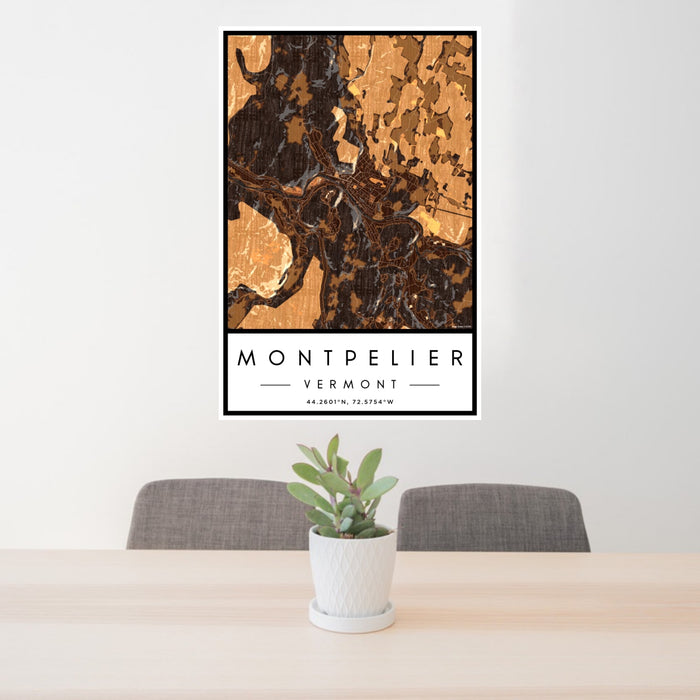 24x36 Montpelier Vermont Map Print Portrait Orientation in Ember Style Behind 2 Chairs Table and Potted Plant