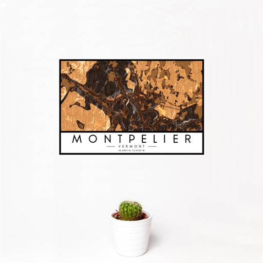12x18 Montpelier Vermont Map Print Landscape Orientation in Ember Style With Small Cactus Plant in White Planter