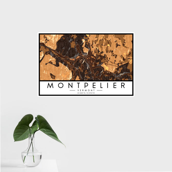16x24 Montpelier Vermont Map Print Landscape Orientation in Ember Style With Tropical Plant Leaves in Water