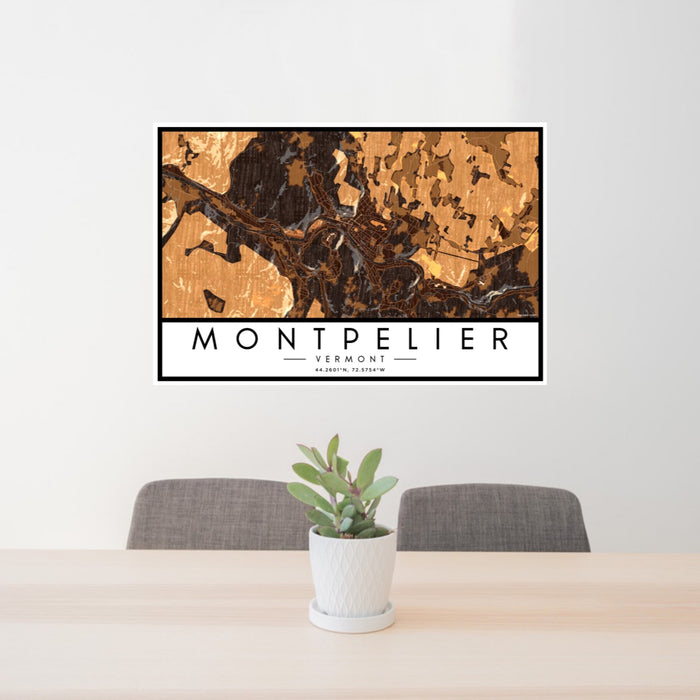 24x36 Montpelier Vermont Map Print Landscape Orientation in Ember Style Behind 2 Chairs Table and Potted Plant