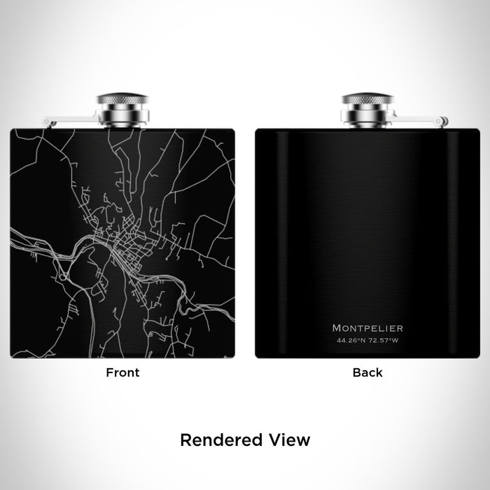 Rendered View of Montpelier Vermont Map Engraving on 6oz Stainless Steel Flask in Black