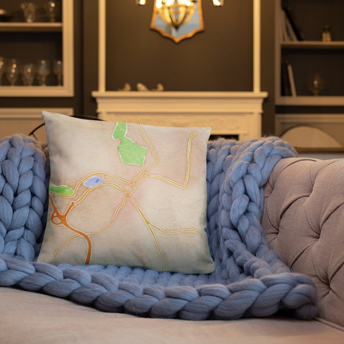 Custom Montpelier Vermont Map Throw Pillow in Watercolor on Cream Colored Couch