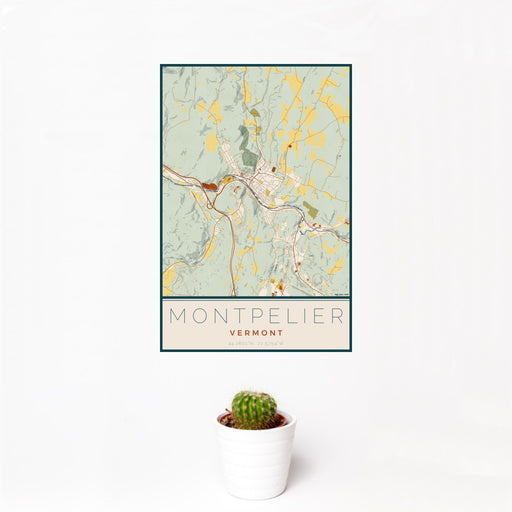 12x18 Montpelier Vermont Map Print Portrait Orientation in Woodblock Style With Small Cactus Plant in White Planter