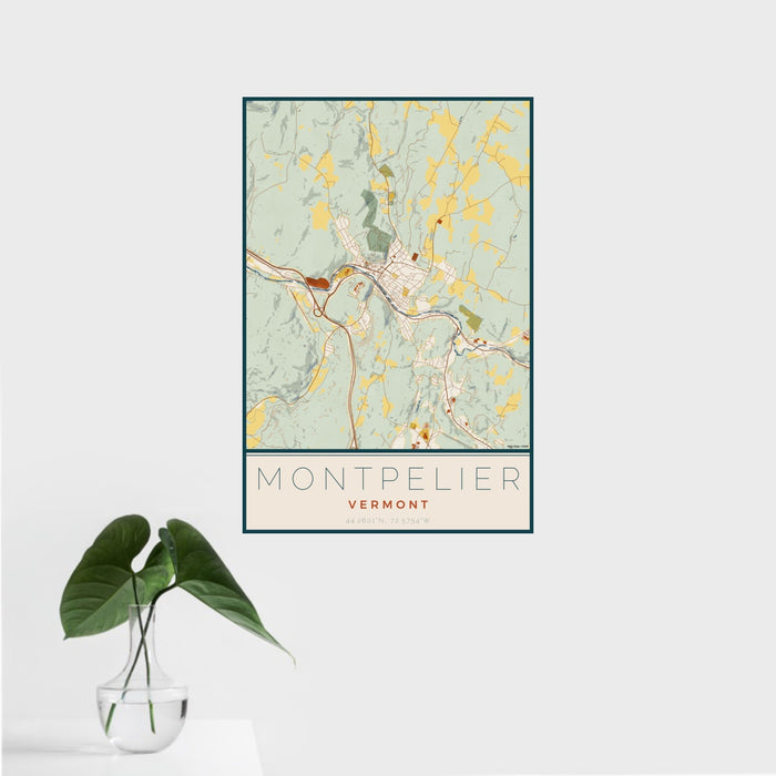 16x24 Montpelier Vermont Map Print Portrait Orientation in Woodblock Style With Tropical Plant Leaves in Water