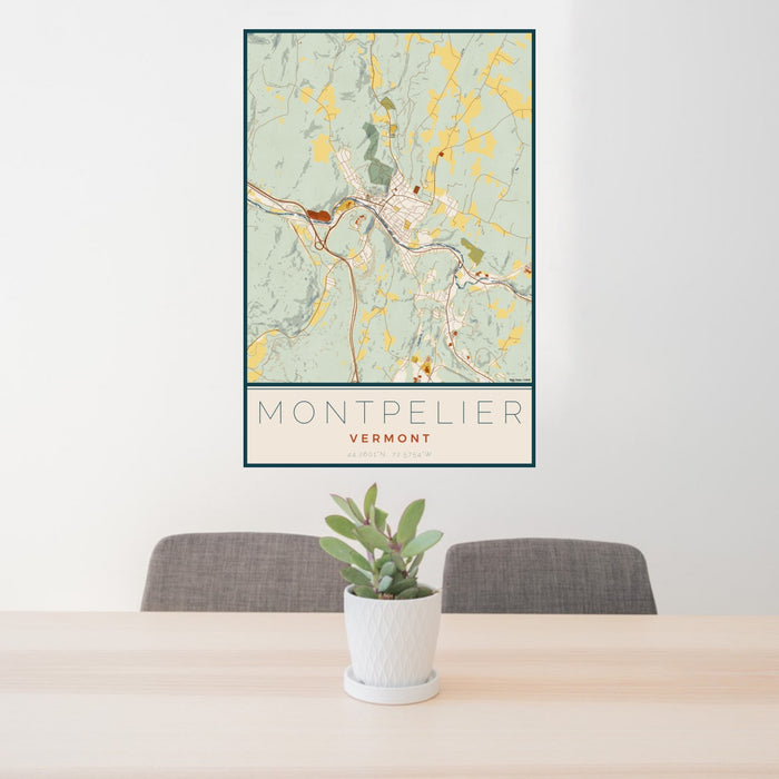 24x36 Montpelier Vermont Map Print Portrait Orientation in Woodblock Style Behind 2 Chairs Table and Potted Plant