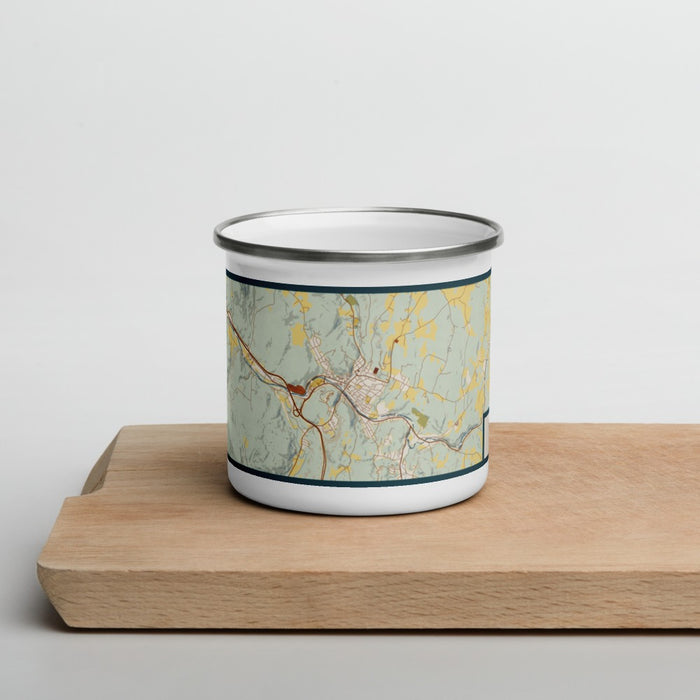 Front View Custom Montpelier Vermont Map Enamel Mug in Woodblock on Cutting Board